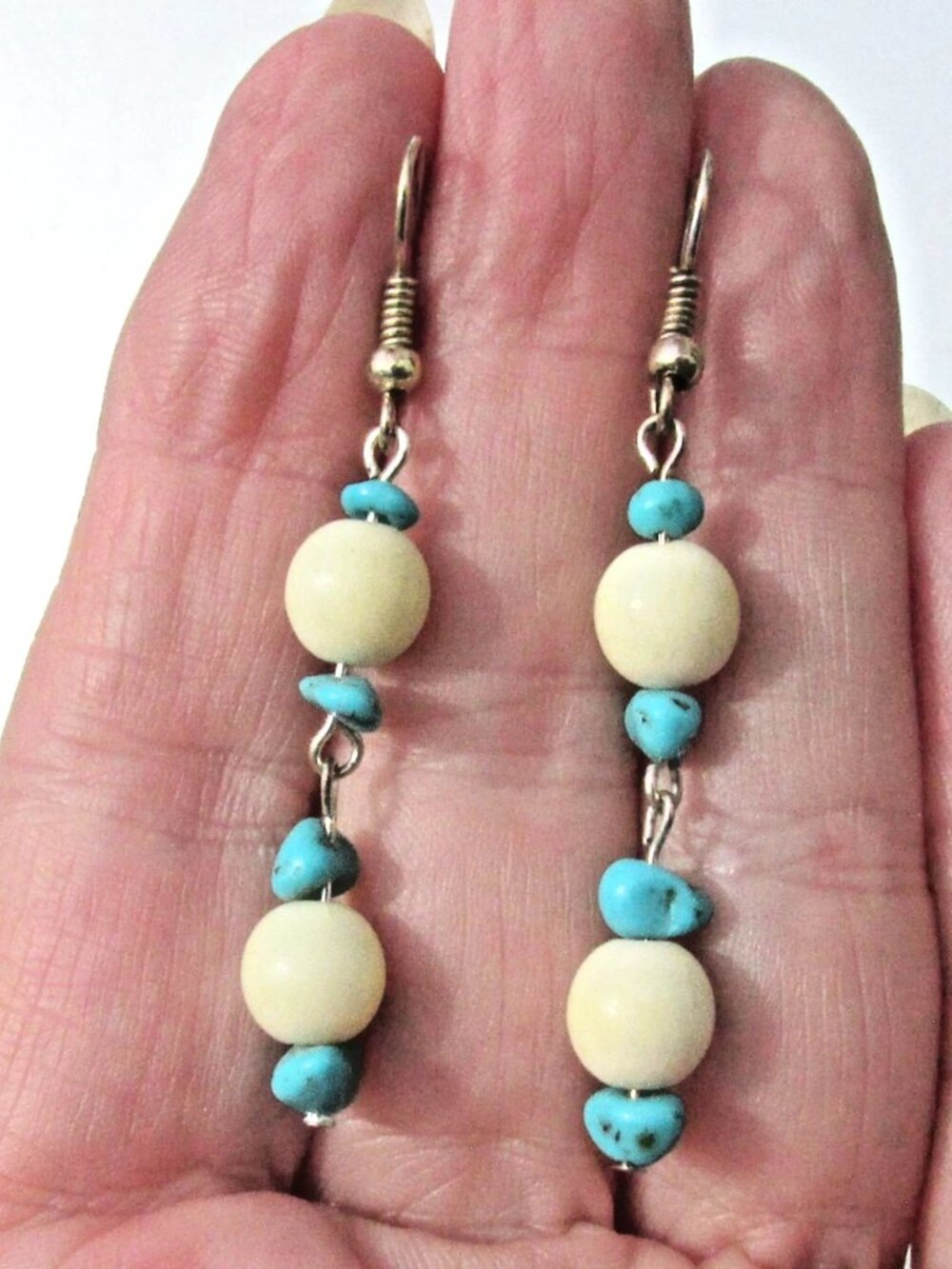 Handmade Sterling Silver Carved Celluloid, Turquoise Bead Dangle Earrings